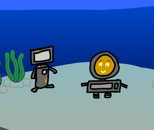 two robots sitting at the bottom of the ocean